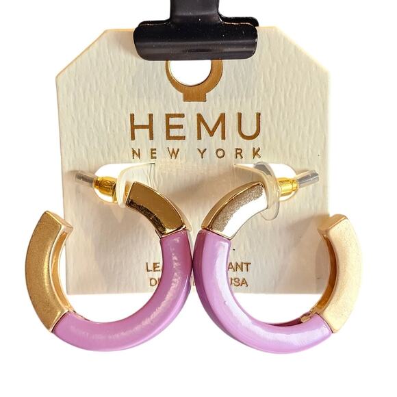 Hoop Earrings Purple, Gold Tone Chunky Acrylic 1.19" HEMU New York w/ Gift Bag - Picture 1 of 8